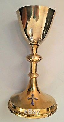 Old Chalice In Sterling Silver Vermeil, Gilded Metal Foot And Cross In Enamels