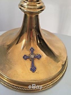 Old Chalice In Sterling Silver Vermeil, Gilded Metal Foot And Cross In Enamels