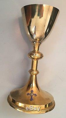 Old Chalice In Sterling Silver Vermeil, Gilded Metal Foot And Cross In Enamels