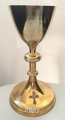 Old Chalice In Sterling Silver Vermeil, Gilded Metal Foot And Cross In Enamels