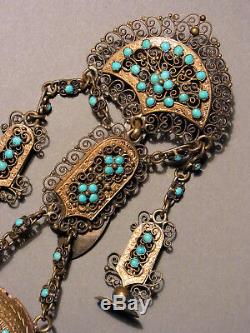 Old Chatelaine Holder Watch Set With Turquoises Pomponne & Silver