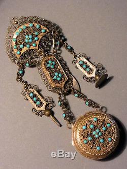 Old Chatelaine Holder Watch Set With Turquoises Pomponne & Silver