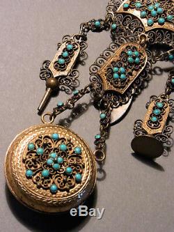 Old Chatelaine Holder Watch Set With Turquoises Pomponne & Silver