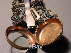 Old Chatelaine Holder Watch Set With Turquoises Pomponne & Silver