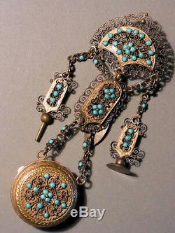 Old Chatelaine Holder Watch Set With Turquoises Pomponne & Silver
