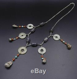 Old Chinese Chain Sterling Silver Enameled & Dragon Pearl Necklace Jade Bi