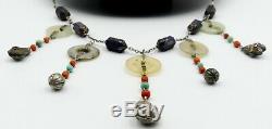Old Chinese Chain Sterling Silver Enameled & Dragon Pearl Necklace Jade Bi