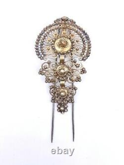 Old Comb Pin Tiara Solid Silver Vermeil Jewel Regional 19th