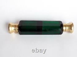 Old Double Salt Bottle In Cut Green Crystal, Silver/vermeil Frame