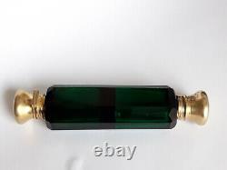 Old Double Salt Bottle In Cut Green Crystal, Silver/vermeil Frame