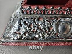 Old English Solid Silver Jewelry Box Stamped on Leather Box Signed