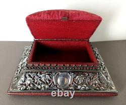 Old English Solid Silver Jewelry Box Stamped on Leather Box Signed