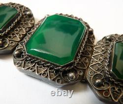 Old Ethnic Bracelet Solid Silver - Green Stone Silver Bracelet