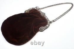 Old Evening Bag In Velvet And Massive Silver 18th Reticule