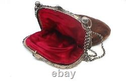 Old Evening Bag In Velvet And Massive Silver 18th Reticule