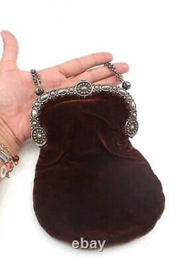 Old Evening Bag In Velvet And Massive Silver 18th Reticule