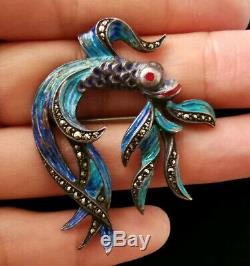 Old Fish Brooch 19th Enamelled Silver