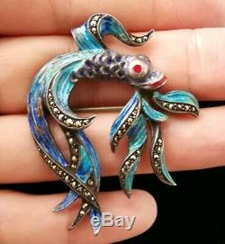 Old Fish Brooch 19th Enamelled Silver