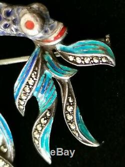 Old Fish Brooch 19th Enamelled Silver