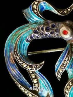 Old Fish Brooch 19th Enamelled Silver