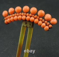 Old Hair Comb In Silver Vermeil Coral And Horn 19th Century