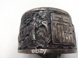 Old Indochina solid silver filigree Art Deco signed cuff bracelet