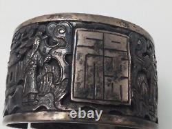 Old Indochina solid silver filigree Art Deco signed cuff bracelet
