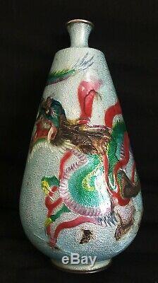 Old Japanese Vase Sterling Silver Enamelled Cloisonné Dragon 18cm Japanese