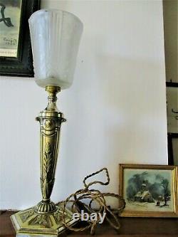 Old Large Massive Bronze Lamp Silver Tulip Muller Brothers Molded Glass