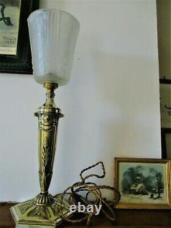 Old Large Massive Bronze Lamp Silver Tulip Muller Brothers Molded Glass