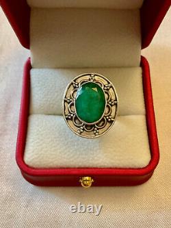 Old Large Solid Silver Ring with Genuine Emerald Size 55