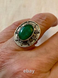 Old Large Solid Silver Ring with Genuine Emerald Size 55