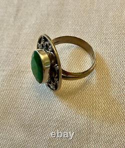 Old Large Solid Silver Ring with Genuine Emerald Size 55