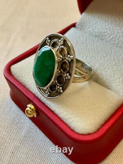 Old Large Solid Silver Ring with Genuine Emerald Size 55