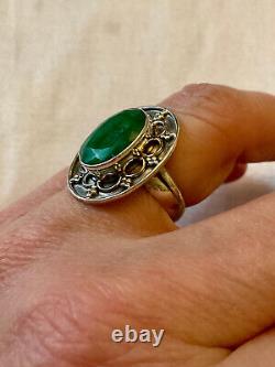 Old Large Solid Silver Ring with Genuine Emerald Size 55