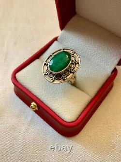 Old Large Solid Silver Ring with Genuine Emerald Size 55