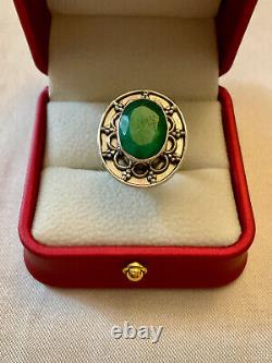 Old Large Solid Silver Ring with Genuine Emerald Size 55