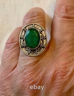 Old Large Solid Silver Ring with Genuine Emerald Size 55