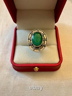 Old Large Solid Silver Ring with Genuine Emerald Size 55