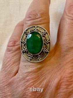 Old Large Solid Silver Ring with Genuine Emerald Size 55