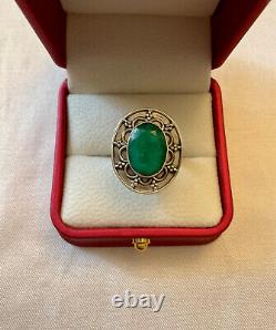 Old Large Solid Silver Ring with Genuine Emerald Size 55