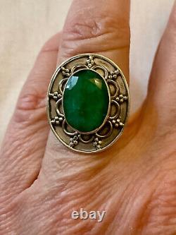 Old Large Solid Silver Ring with Genuine Emerald Size 55