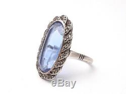 Old Marquise Ring In Solid Silver Marcasites And Blue Stone 1900 T50
