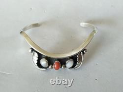 Old Navajo Native American bracelet, solid sterling silver, coral, mother-of-pearl
