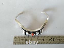 Old Navajo Native American bracelet, solid sterling silver, coral, mother-of-pearl