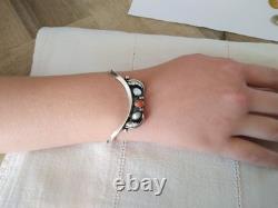 Old Navajo Native American bracelet, solid sterling silver, coral, mother-of-pearl
