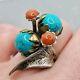 Old Navajo Ring In Solid Silver With Turquoise And Coral, Vintage Jewelry