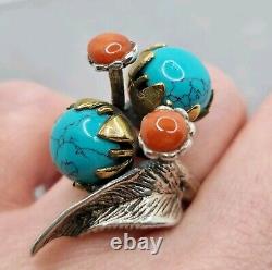 Old Navajo Ring in SOLID SILVER with TURQUOISE and CORAL, vintage jewelry
