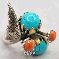 Old Navajo Ring in SOLID SILVER with TURQUOISE and CORAL, vintage jewelry