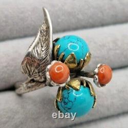 Old Navajo Ring in SOLID SILVER with TURQUOISE and CORAL, vintage jewelry